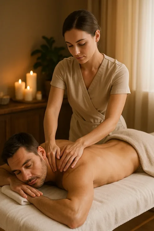 Ambiente de clínica de massagem masculina com suíte privativa e iluminação relaxante