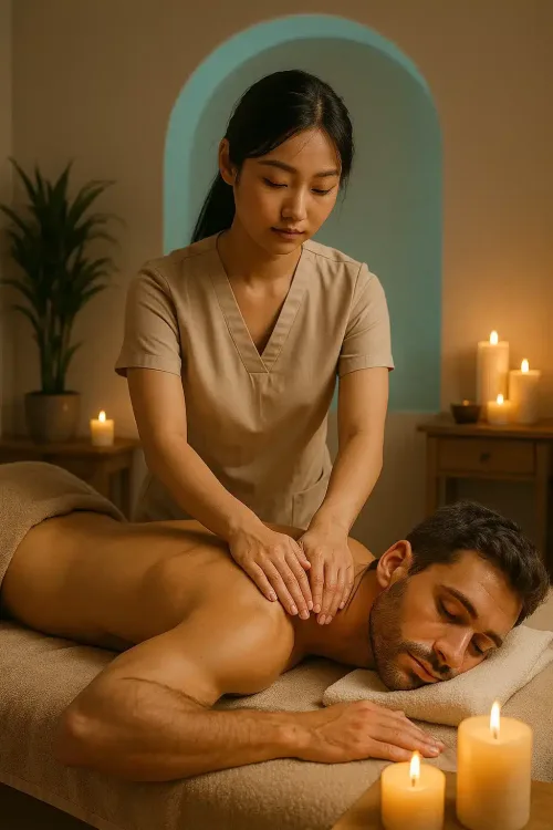Ambiente de clínica de massagem com suíte privativa e iluminação relaxante