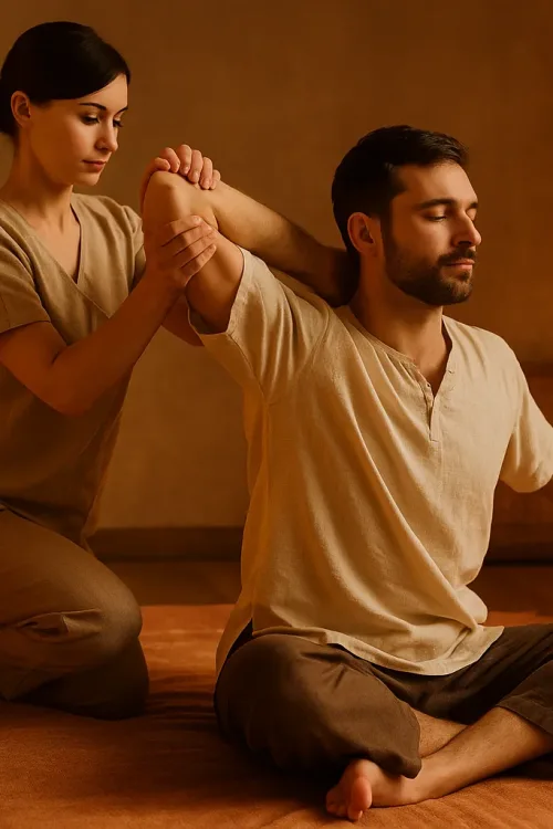 Técnica tradicional de massagem tailandesa com alongamentos e pressão corporal